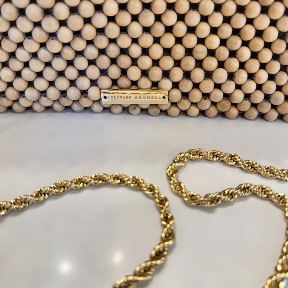 Loeffler Randall Beaded Clutch in Beige with Gold Chain